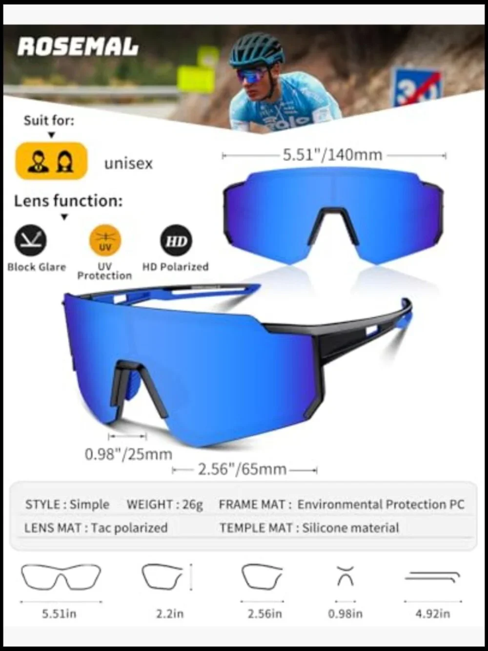 Polarized Sports Sunglasses TR90 UV400 for Cycling Running Driving Fishing